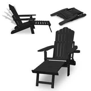 Folding Plastic Adirondack Chair with Pull-Out Ottoman & Cup Holder – Outdoor Patio Chair (Blue/Gray/Black)