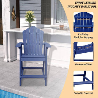 Navy Blue Plastic Adirondack Chair with Ottoman – Wood Grain Outdoor Patio Armchair
