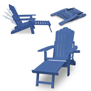 Folding Plastic Adirondack Chair with Pull-Out Ottoman & Cup Holder – Outdoor Patio Chair (Blue/Gray/Black)