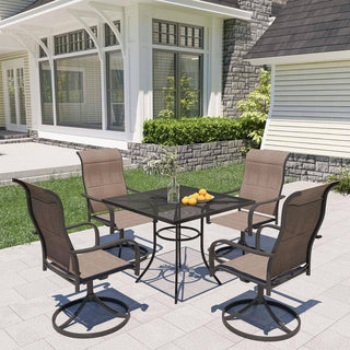 5-Piece Black Steel Mesh Outdoor Dining Set with 29.5" Square Table, 4 Textilene Swivel Chairs & Umbrella Hole for Patio & Garden