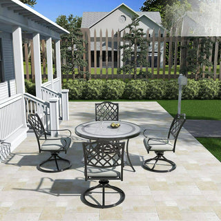 48" Round Cast Aluminum Outdoor Dining Table with Ceramic Tile Top & Umbrella Hole – Classic Patio Table for Garden & Porch