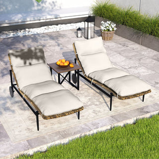 3-Piece Aluminum Rattan Patio Chaise Lounges With Rectangular Table And Light Gray Cushions