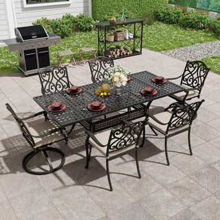 7-Piece Outdoor Cast Aluminum Dining Set with Extendable Rectangular Table & Cushioned Chairs – Weather-Resistant Patio Furniture