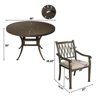 5-Piece Outdoor Cast Aluminum Dining Set with 48" Round Table & Cushioned Chairs – Weather-Resistant Patio Furniture