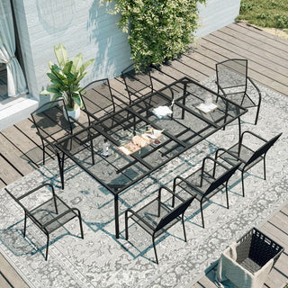 9-Piece Black Steel Mesh Patio Dining Set with Rectangle Dining Table & 8 Chairs for Outdoor Garden, Deck & Backyard