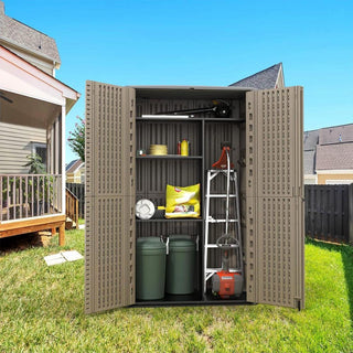 515 Gal. Deck Box White/Brown Double-Layered Outdoor Storage Shed Waterproof Resin Vertical Storage Cabinet