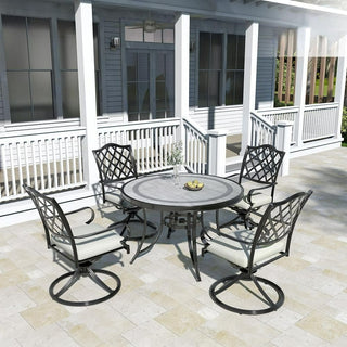 48" Round Cast Aluminum Outdoor Dining Table with Ceramic Tile Top & Umbrella Hole – Classic Patio Table for Garden & Porch