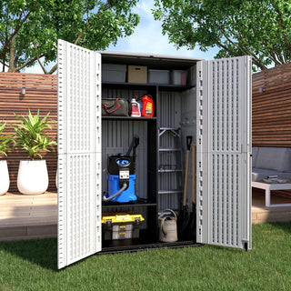 515 Gal. Deck Box White/Brown Double-Layered Outdoor Storage Shed Waterproof Resin Vertical Storage Cabinet