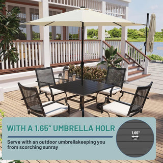 Metal Outdoor Dining Set with Square Table & Umbrella Hole, Swivel Chairs with Beige Cushions for Patio, Garden & Backyard