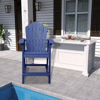 Navy Blue Plastic Adirondack Chair with Ottoman – Wood Grain Outdoor Patio Armchair