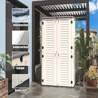 515 Gal. Deck Box White/Brown Double-Layered Outdoor Storage Shed Waterproof Resin Vertical Storage Cabinet