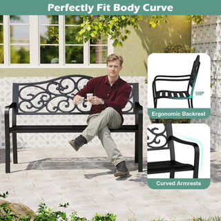 Mondawe 50" W x 35" H Black Iron Garden Bench – Durable Outdoor Patio Seating Bench for Garden, Porch & Backyard