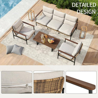 6-Piece Aluminum Wicker Patio Conversation Set with 3-Seat Sofa, Coffee Table and Light Gray Cushions