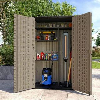 515 Gal. Deck Box White/Brown Double-Layered Outdoor Storage Shed Waterproof Resin Vertical Storage Cabinet