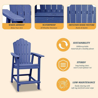 Navy Blue Plastic Adirondack Chair with Ottoman – Wood Grain Outdoor Patio Armchair