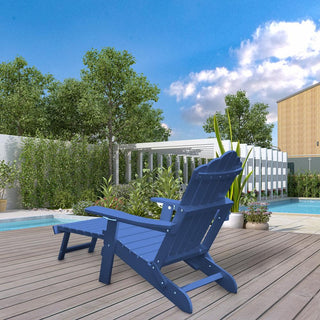Folding Plastic Adirondack Chair with Pull-Out Ottoman & Cup Holder – Outdoor Patio Chair (Blue/Gray/Black)