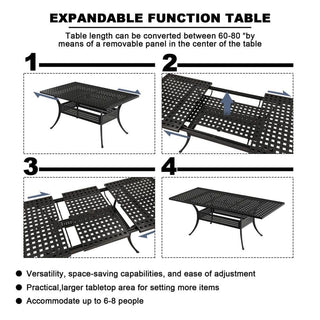 80" Expandable Cast Aluminum Outdoor Dining Table with Umbrella Hole – Rectangular Patio Table for Garden & Backyard