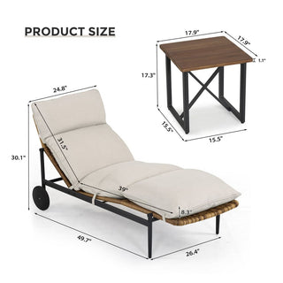 3-Piece Aluminum Rattan Patio Chaise Lounges With Rectangular Table And Light Gray Cushions