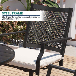Metal Outdoor Dining Set with Square Table & Umbrella Hole, Swivel Chairs with Beige Cushions for Patio, Garden & Backyard