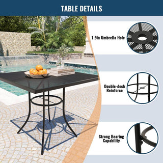 5-Piece Black Steel Mesh Outdoor Dining Set with 29.5" Square Table, 4 Textilene Swivel Chairs & Umbrella Hole for Patio & Garden