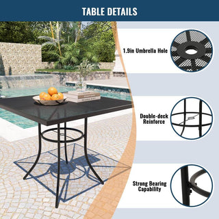 5-Piece Black Steel Mesh Patio Dining Set with 36in Square Table & Umbrella Hole Outdoor Dining Set for Garden, Deck & Backyard