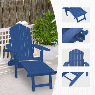 Folding Plastic Adirondack Chair with Pull-Out Ottoman & Cup Holder – Outdoor Patio Chair (Blue/Gray/Black)