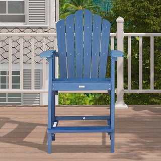 Navy Blue Plastic Adirondack Chair with Ottoman – Wood Grain Outdoor Patio Armchair