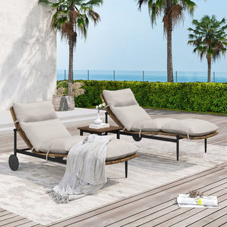 3-Piece Aluminum Rattan Patio Chaise Lounges With Rectangular Table And Light Gray Cushions