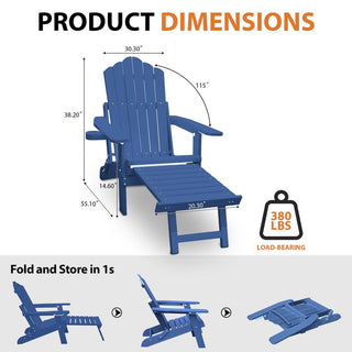 Folding Plastic Adirondack Chair with Pull-Out Ottoman & Cup Holder – Outdoor Patio Chair (Blue/Gray/Black)
