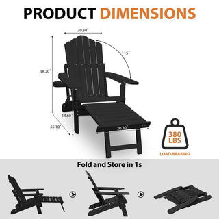 Folding Plastic Adirondack Chair with Pull-Out Ottoman & Cup Holder – Outdoor Patio Chair (Blue/Gray/Black)