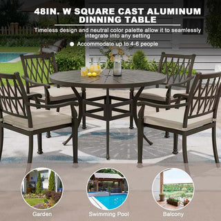 5-Piece Outdoor Cast Aluminum Dining Set with 48" Round Table & Cushioned Chairs – Weather-Resistant Patio Furniture
