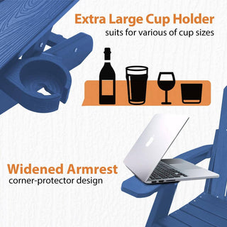 Folding Plastic Adirondack Chair with Pull-Out Ottoman & Cup Holder – Outdoor Patio Chair (Blue/Gray/Black)