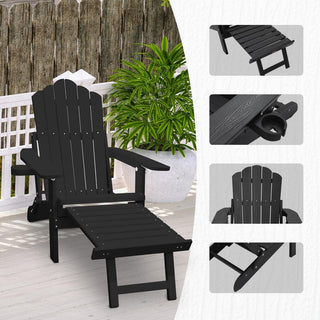 Folding Plastic Adirondack Chair with Pull-Out Ottoman & Cup Holder – Outdoor Patio Chair (Blue/Gray/Black)
