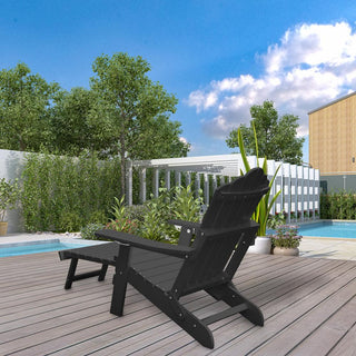 Folding Plastic Adirondack Chair with Pull-Out Ottoman & Cup Holder – Outdoor Patio Chair (Blue/Gray/Black)