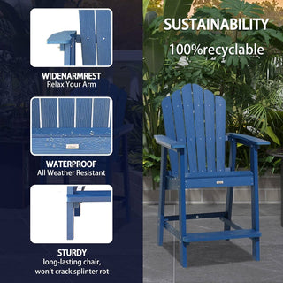 Navy Blue Plastic Adirondack Chair with Ottoman – Wood Grain Outdoor Patio Armchair