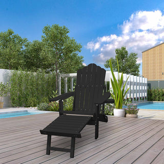 Folding Plastic Adirondack Chair with Pull-Out Ottoman & Cup Holder – Outdoor Patio Chair (Blue/Gray/Black)