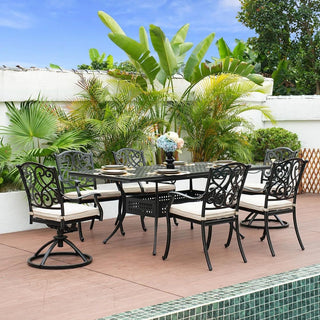 7-Piece Outdoor Cast Aluminum Dining Set with Extendable Rectangular Table & Cushioned Chairs – Weather-Resistant Patio Furniture