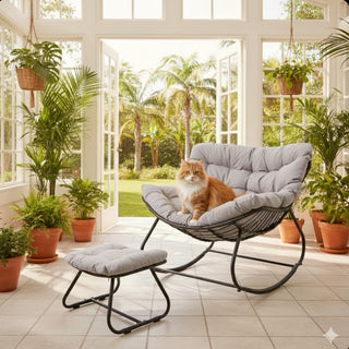 Dark Gray/Light Gray/Green Egg Rocking Chair with Ottoman, All-Weather Wicker Lounge & Cushions