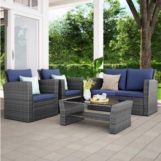 4-Piece Wicker Patio Conversation Set With Glass Table and Blue/Black/Gray Cushions