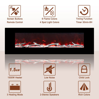 42/50/60/72 Inch Wall-Mounted Black Electric Fireplace Insert-5120 BTU with 2-Speaker Stereo Sound