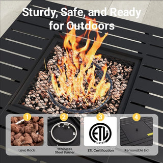 30”Width Outdoor 2-in1 Black Rattan Look Fireplace Table, 50000 BTU CSA Certified Propane Square Gas Fire Pit Table with Stainless Burner, Lid, Lava Rocks and Waterproof Cover