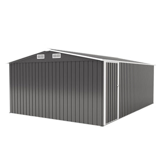 10×14 FT Heavy-Duty Metal Storage Shed with 3 Lockable Doors, 4 Vents & Sloped Roof – Outdoor Garden Tool Shed for Backyard, Patio & Lawn (Dark Grey)