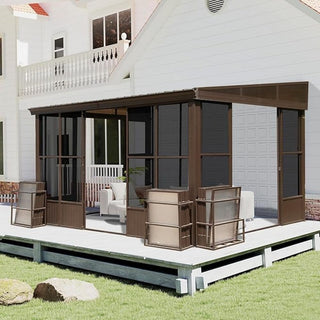Wall-Mounted Sunroom Lean-To Solarium with Galvanized Steel Roof, Lockable Sliding Door & Detachable PVC Screen for Patio Deck
