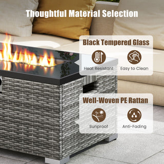 2-Piece Outdoor Rattan Fire Table Set 32 Inch Rectangle Gas Firepit with Tank Cover