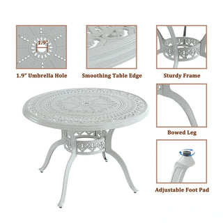 40" Round Cast Aluminum Outdoor Dining Table in Antique Bronze/White with 1.9" Umbrella Hole, Standard Height for Patio & Garden