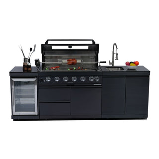 43-Inch Deluxe Outdoor Kitchen BBQ Island Grill, 6-Burner 85,000 BTU Stainless Steel Gas Grill with Wine Cooler, Refrigerator, Rotisserie Kit, Granite Countertop & Sink