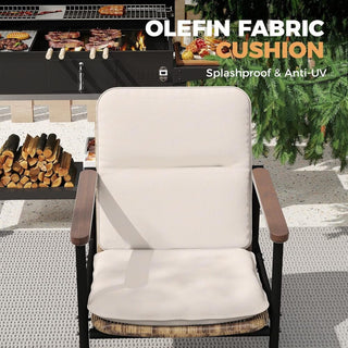 7-Piece Outdoor Patio Dining Set with Wooden Table & Umbrella Hole | 6 Wicker Chairs with Aluminum Frame & Olefin Cushions