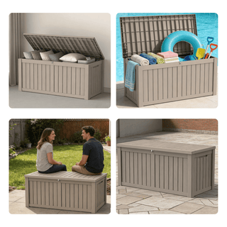 120-Gallon Resin Outdoor Deck Box with Lockable Lid, Patio Storage Bench for Cushions & Pillows – Black/Light Brown