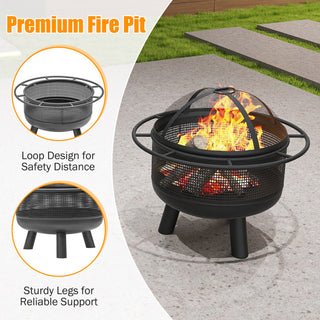 24 Inch Wood Burning Fire Pit with Log Grate and  Mesh Screen for Outside
