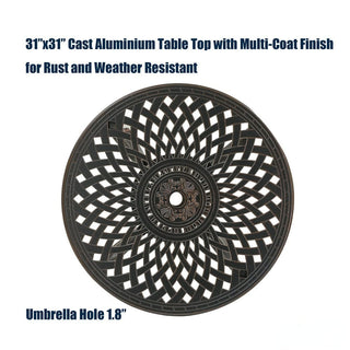 31" Round Cast Aluminum Outdoor Bistro Table with 1.9" Umbrella Hole, Antique Bronze Patio Table